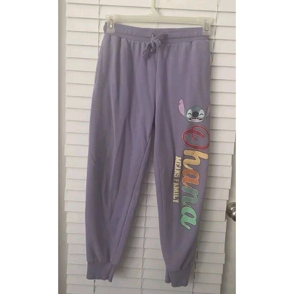 Disney Stitch Sweat Pants Women XL 15-17 Junior Teen Girl, Lavender Ohana Family